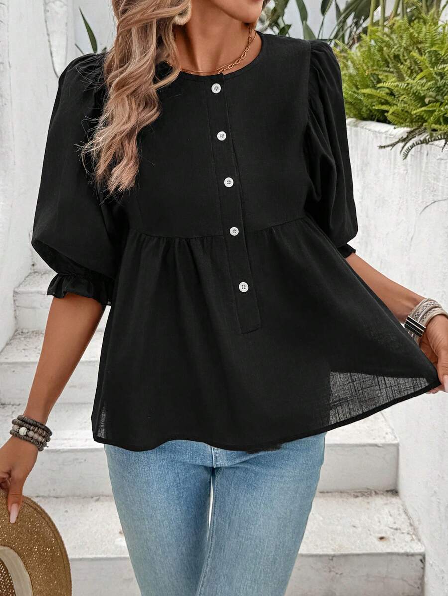 SHEIN LUNE Áo sơ mi nữ tay bồng ngắn màu trơn cài nút nửa cổ - màu đen - Xem 1