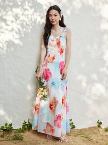 SHEIN LUNE 女士优雅荷叶边吊带背心花卉印花雪纺海滩度假长裙 - 彩色 - 查看 3