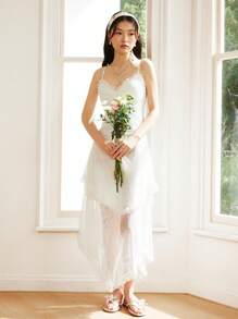 Celisse Women's Lace Slip Dress With Asymmetrical Hemline, Mid-Length, Lightweight For Spring/Summer