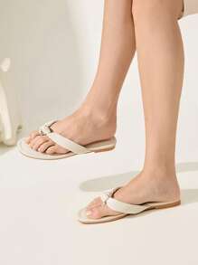 CUCCOO CHICEST Women's Solid Color Round Toe Flat Sandals, Elegant Casual Simple Comfortable Beige Faux Leather Ladies Flip Flops, Beach Shoes, Suitable For Vacation, Beach, Hawaii Island Style