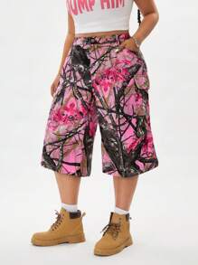 SHEIN ICON Pantaloncini di jeans corti e ampi da donna con stampa a rami d'albero, taglie forti, pantaloncini bermuda estivi da donna per festival e stile cowgirl - Multicolore - Visualizzare 5