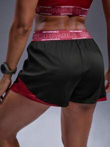 Powerista Contrast Color Splice High Waist Sports Shorts, Summer - Burgundy - View 2