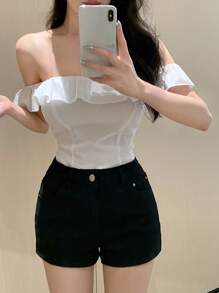 DAZY 女士休闲纯色牛仔短裤，夏季 - 黑色 - 查看 2