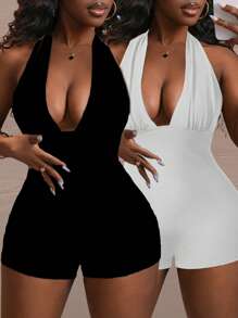 Slaydiva 2Pcs Women's Casual Ruched Bust Backless Halter Tied Waist Jumpsuit Set, Sexy Design Suitable For Summer - Multicolor - View 9
