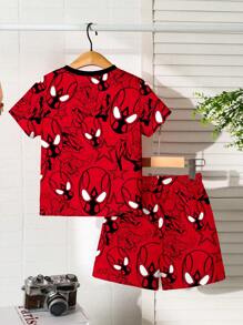 SHEIN 2 pièces/set Ensemble pyjama d'été composé d'un t-shirt à manches courtes décontracté et d'un short, motif de super-héros de dessin animé pour jeunes garçons