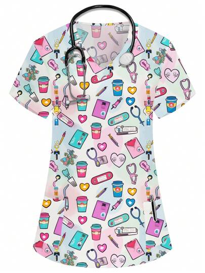PopScrub Dam V-ringad kortärmad topp med dubbla fickor, tecknat utrustningstryck, sjuksköterske-/läkaruniform, skrubbtopp för kvinnor, arbetsuniform för husdjursskötsel, arbetsuniform för dietist, funktionella sommarkläder med flera fickor
