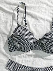 Swim Mod Women's Plaid Print Spaghetti Strap Bikini Set For Summer Beach Vacation - Black and White - View 3