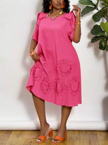 Slaydiva 大码蝴蝶结装饰贴片短袖休闲连衣裙 - 玫紅色 - 查看 3