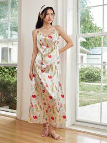 SHEIN LUNE Abito lungo da donna con scollo a goccia, stile vacanza estiva 2025, con stampa floreale a olio, (taglio asimmetrico a motivo floreale) - Multicolore - Visualizzare 5