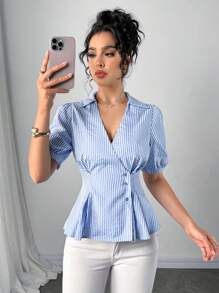 Firerie Women's Elegant Sleeveless V-Neck Bowknot Ruched Striped Blouse - Blue and White - View 5