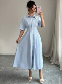 Selianne Elegant Collared Short Sleeve Button Down Waist Striped Spring/Summer Dress - Blue - View 7