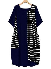 EMERY ROSE 大码夏季休闲拼色条纹拼接连衣裙