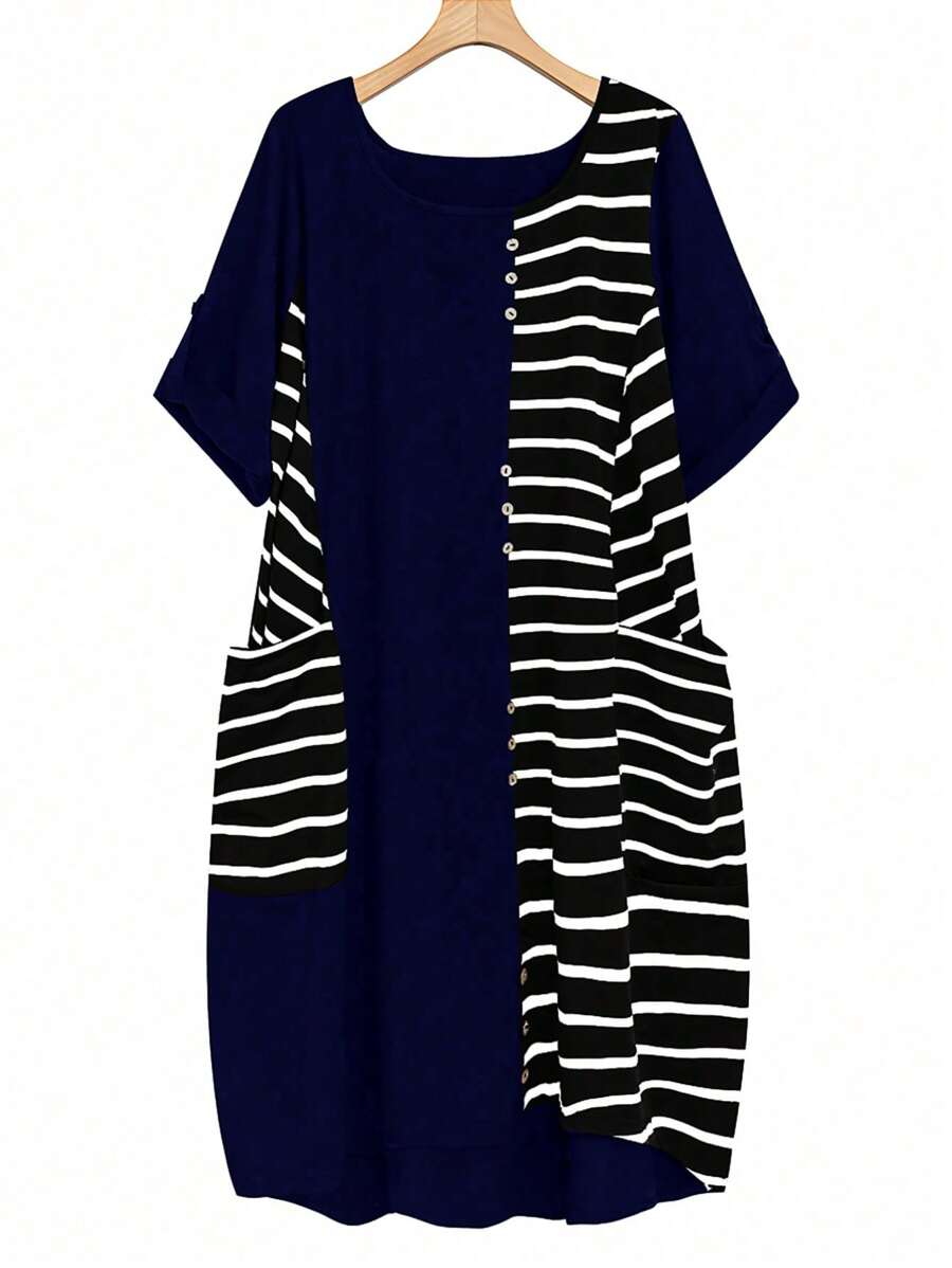 EMERY ROSE 大码夏季休闲拼色条纹拼接连衣裙