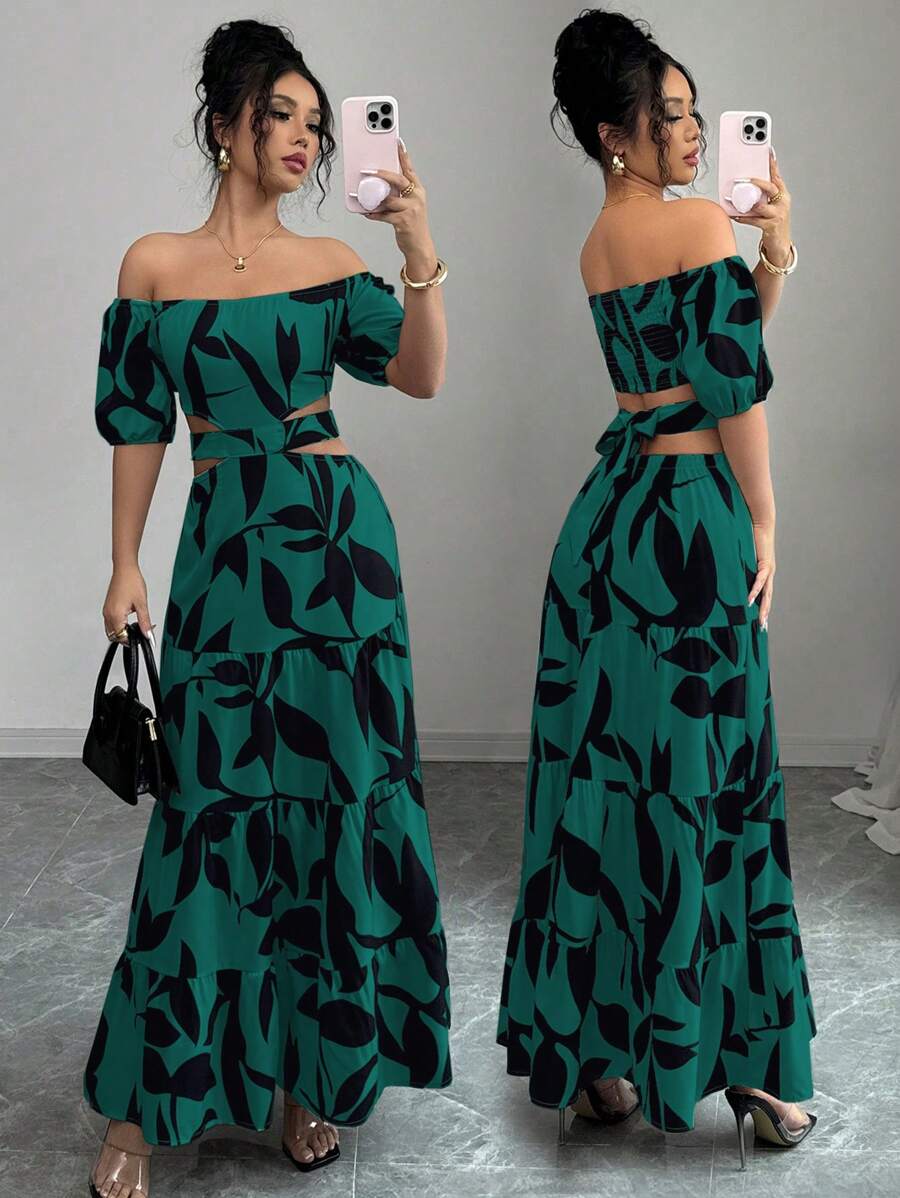 Elenzga Women's Off Shoulder Strappy Hollow Vacation Dress (Random Floral Print) - Green - View 1