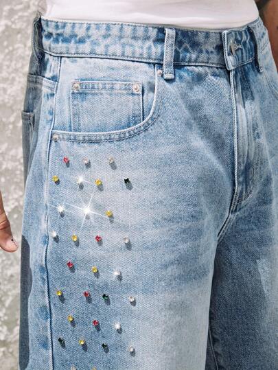 Street Life Pantalones cortos de mezclilla de corte holgado para hombres con decoración de rhinestones de colores
