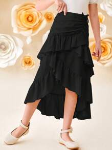 SHEIN 青少年女孩宽松休闲多层荷叶边不对称下摆中长裙 - 黑色 - 查看 4
