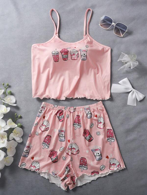 Conjunto de pijama con top de tirantes con estampa de dibujos animados y shorts de cintura elástica para adolescentes
