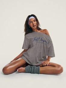 Athîral Women Letter Print Asymmetric Neck Short Sleeve Loose Casual T-Shirt