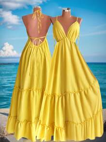 Breezaya Vestido largo tipo A con estilo boho, cuello halter, volantes, escote profundo en V y lazadas en la espalda, en color amarillo mantequilla soleado y romántico, ideal para conciertos, graduaciones, fiestas en la playa, vacaciones y viajes, de nueva colección primavera y verano 2025, estilo resort - Amarillo - Ver 3