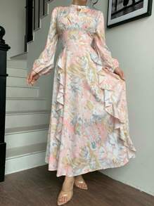 Modelyn Women's Floral Print Keyhole Neckline Lantern Sleeve Elegant Ruffle Hem Dress - Multicolor - View 4