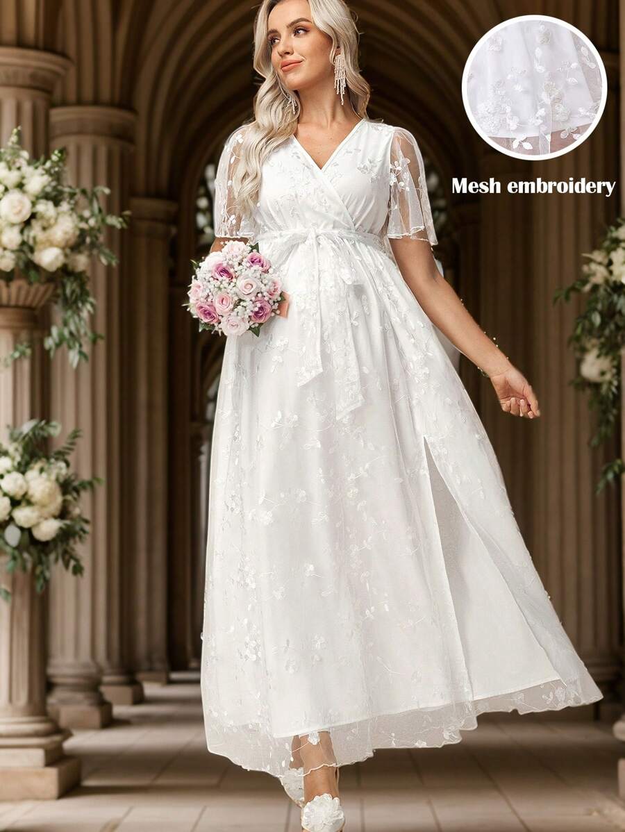 SHEIN Váy bầu xẻ cao thêu hoa thanh lịch - trắng - Xem 1