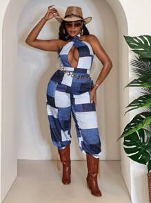 Slaydiva Plus Size Halter Neck Denim Jumpsuit,Navy Blue Summer Western Night Out Club Romper For Women,Cowgirl Vacation Boho One Piece Overalls Clothing - Multicolor - View 1
