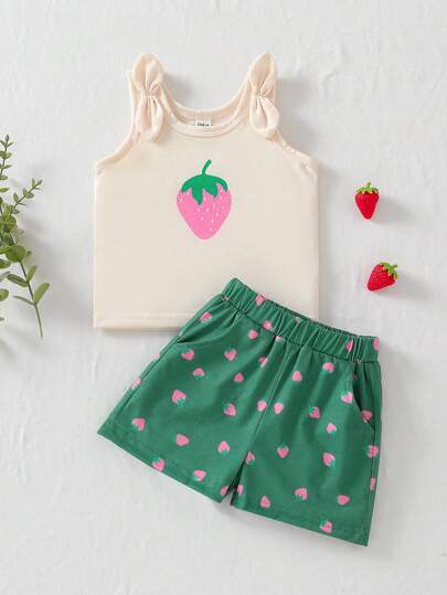 SHEIN Playful Pals Baby Girls' Casual Vest And Strawberry Printed Shorts Set, Spring/Summer Baby Girl Clothes Strawberry