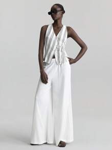Ontre Nuovo completo da donna 2025, gilet a righe, stile vacanziero, silhouette aderente, design con cintura in vita, con bottoni a conchiglia, giacca sottile, abbigliamento primavera/estate, per uso quotidiano