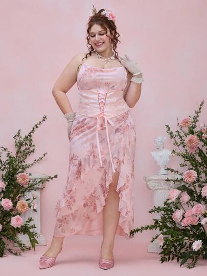 Fairycore فستان واسع الياقة مع كشكشة متساقطة غير متماثل ل- الأحجام الكبيرة، بطراز قصر الصيف الحلو