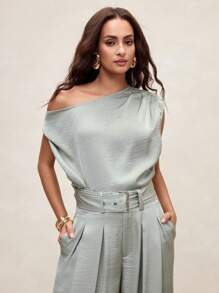 Arave Women Satin Texture Asymmetric Design Shoulder Top, Elegant Suitable For Commute And Vacation, Woven French Knot Elegant Modest, Old Money Fall Autumn Clothes - Green - View 5