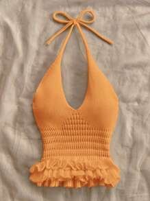 Soleia Top court tricot à encolure dégagée avec volant, style décontracté pour l'été