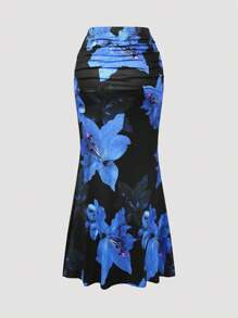 SHEIN Clasi Floral Print Elastic Bodycon Fish Tail Skirt, New French Design Intellectual Skirt, Versatile Slim Waist Fishtail Skirt For Women Fall Cloth For Women - Blue - View 2