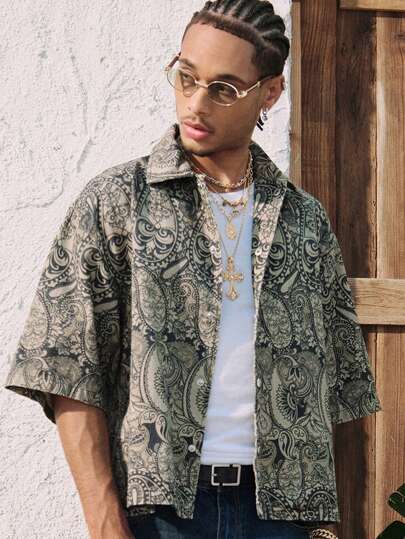 Street Life Men's Vacation Casual All Over Print Denim Shirt