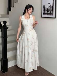 Modelyn 时尚浪漫的女士长款花卉印花连衣裙，采用特殊面料制成 - 杏色 - 查看 4