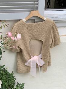 DAZY Crew Neck Puff Sleeve Cropped Backless Bowknot Short Sleeve Casual T-Shirt For Young Women - Khaki - View 3
