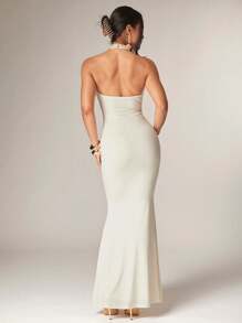 Silquee 女士优雅裹身重叠设计长袖连衣裙，前中开衩，金属扣装饰，弹力针织面料，适合鸡尾酒会、浪漫约会、秋冬季 - 白色 - 查看 2