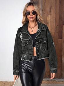 SHEIN Essnce Women's Casual Everyday Distressed Button-Up Denim Jacket With Frayed Edges - Black - View 5