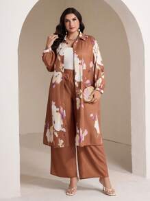 Veilorie Chaqueta de manga larga con diseño floral y abotonadura sencilla, y pantalones, conjunto de estilo árabe modesto para mujer de talla grande