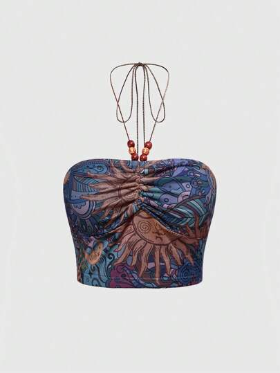 Hippie Top de tirantes de mujer con estampado de girasol, con lazo y ribete de volantes, en estilo bohemio