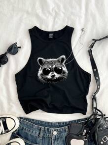 Attitoon 休闲简约圆领修身女式吊带背心，34%棉，浣熊印花，适合夏季 - 黑色 - 查看 1