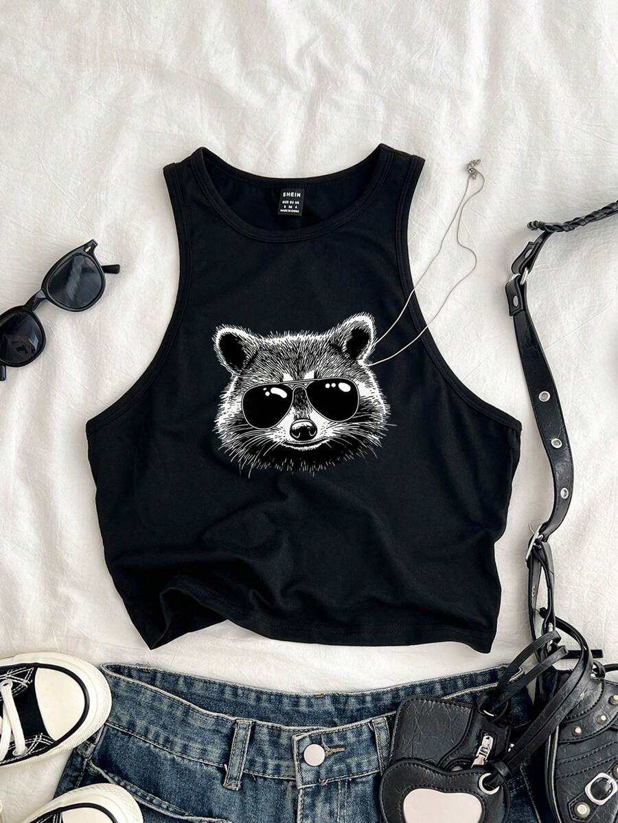 Attitoon 休闲简约圆领修身女式吊带背心，34%棉，浣熊印花，适合夏季 - 黑色 - 查看 1