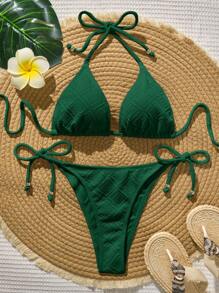 Swim Vcay 女士夏季沙滩纯色露背性感比基尼泳装套装 - 綠色 - 查看 1
