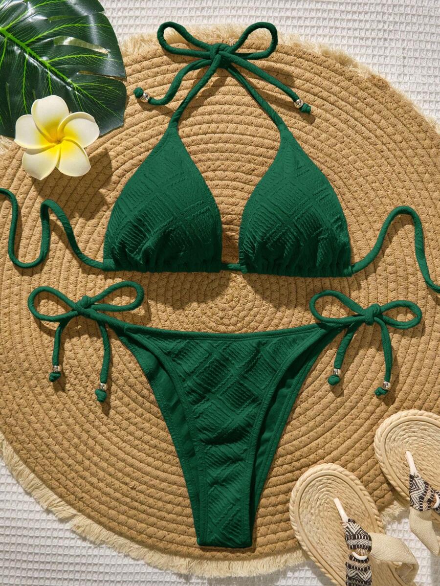 Swim Vcay 女士夏季沙滩纯色露背性感比基尼泳装套装 - 綠色 - 查看 1