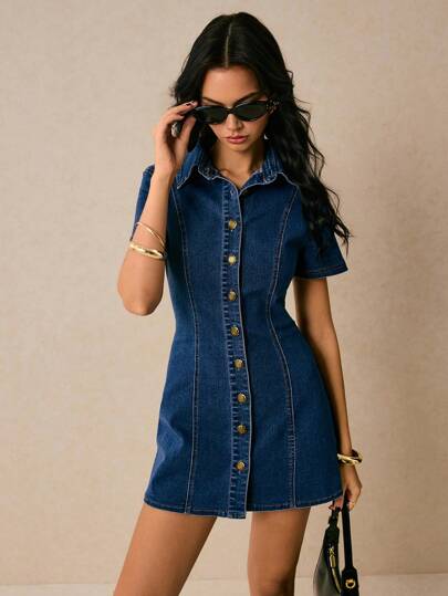 Poéselle Women's Denim Dress Metal Button Decoration Waist Dress Women's Dress Blue Dress Shirt Dress Women's Solid Color Front Button Casual Short Sleeve Denim Dress Summer Women Dresses Summer Dress Boho Summer Clothes Summer Women Clothes Denim Dress Y2k Country Concert Outfit Festival Clothes