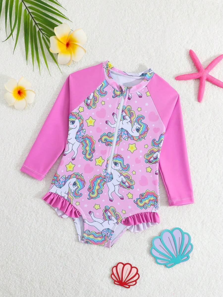 1pc Baby Girl Directional Print Frill Edge Unlined One-Piece Swimsuit - Multicolor - View 1