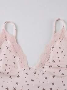 INAWLY Solva Set de 2 piezas para mujer con top de tirantes con encaje y shorts a contraste con estampado floral diminuto