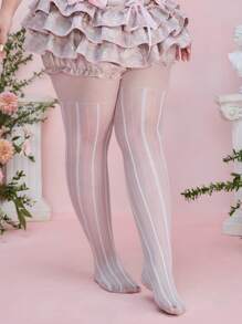 ROMWE Kawaii 1 Pair Charyeok White Dot And Vertical Stripe Pattern Silk Stockings - White - View 5