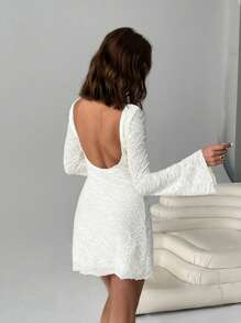 SHEIN EZwear Women's White Jacquard Knit Backless Mini Dress - White - View 2