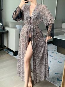 DAZY See-Through Leopard Print Full Pattern Mesh Lace Splice Loose Long Women Sleepwear Pajama - Brown - View 3