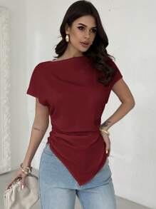 Firerie Women Elegant Asymmetric Hem Solid Color Blouse - Burgundy - View 5